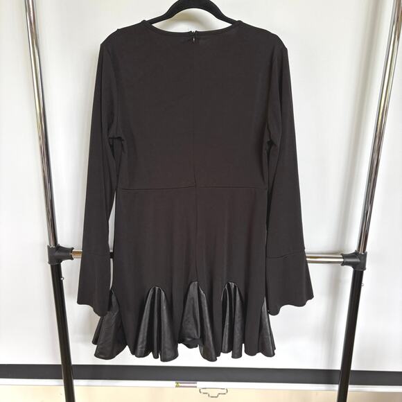 Whimsigoth Black Witchy Flare Sleeve Mini Dress Fit Flare Faux Leather Skirt - Picture 2 of 7